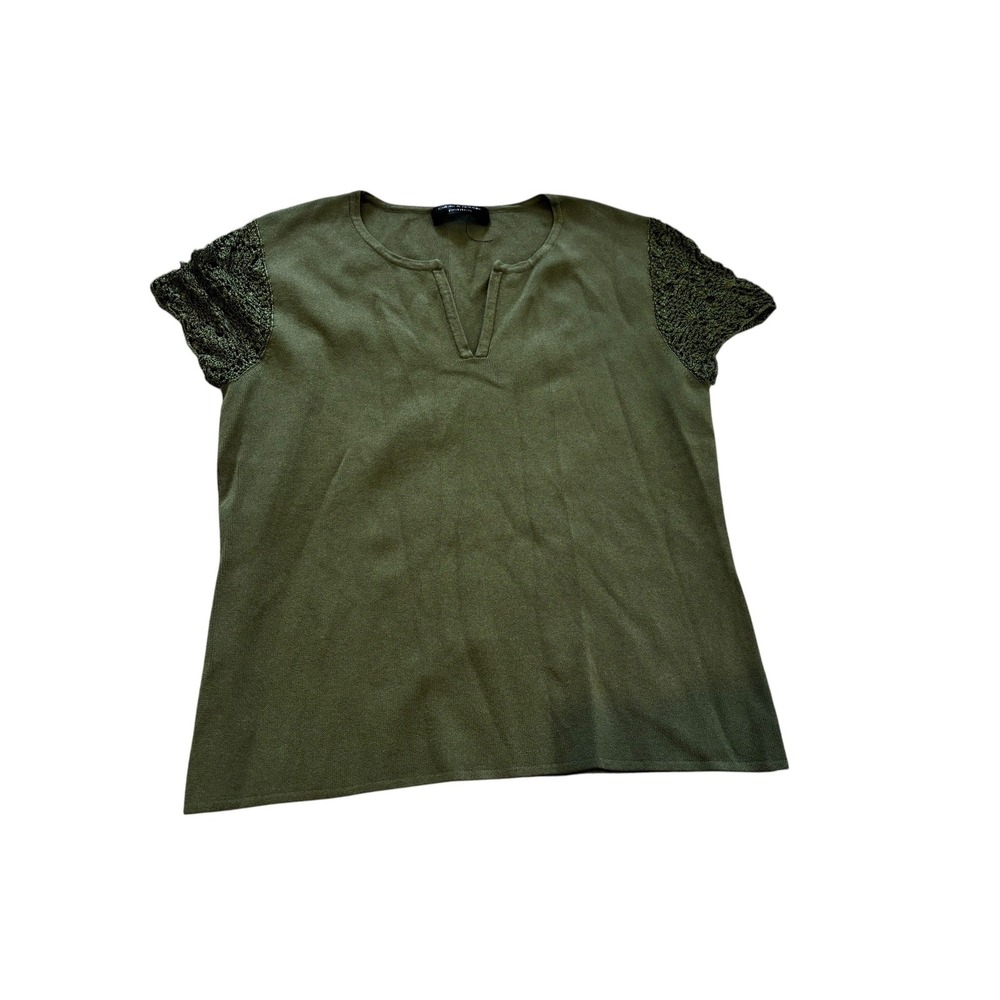 Cable & Gauge Petites Knit Top Size M Olive Green Crochet‎ Sleeve Split Neck